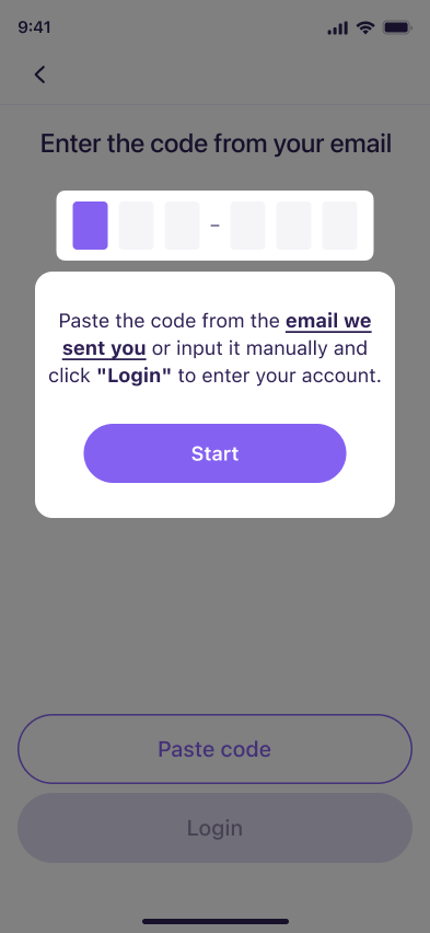 Code entry screen with instructions to paste the code from the email